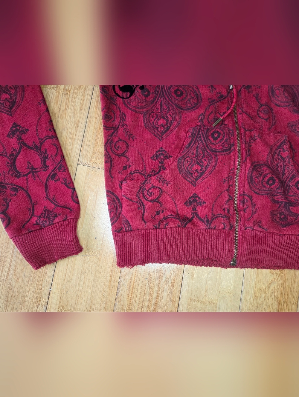 L.A.M.B By Gwen Stefani Red Group Fleece Zip-Up Gothic Hoodie with Black Flock S - Picture 3 of 7